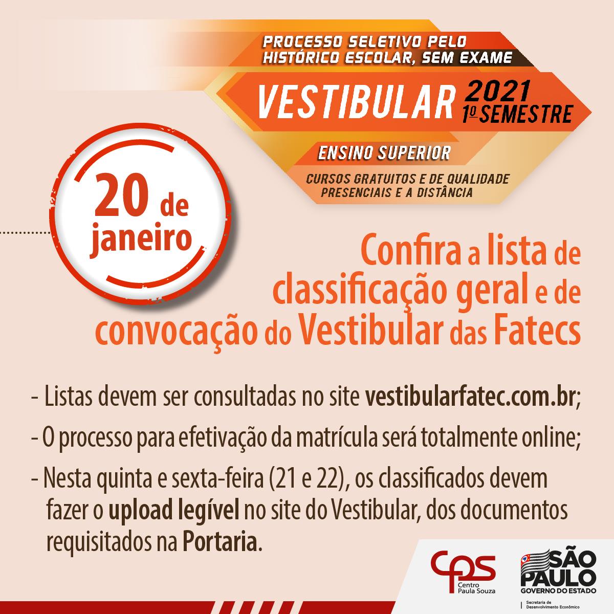 Classificação Geral E De Convocação Do Vestibular Das Fatecs Para O 1º ...